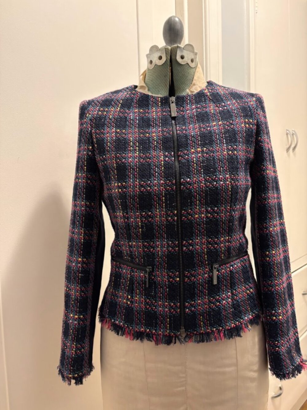Ted Baker Rosesal Plaid Tweed Zip Fringe Moto Jacket